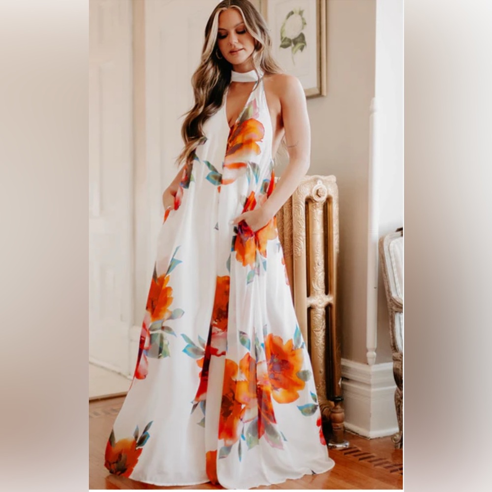 Looking For Compliments Floral Wide Leg Jumpsuit (White) - Small